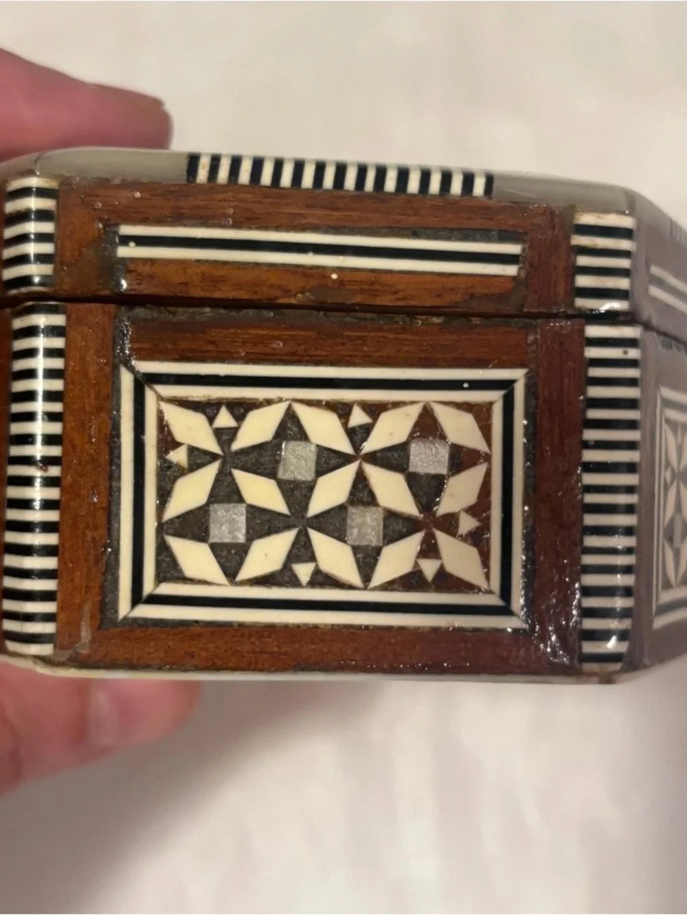 Hexagonal Inlaid Bone & Wood Jewelry Box - Black, White, Brown